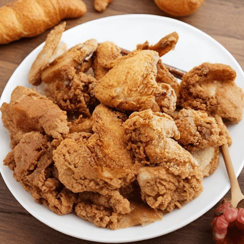 A white plate piled high with golden-brown fried chicken pieces, with croissants in the background.