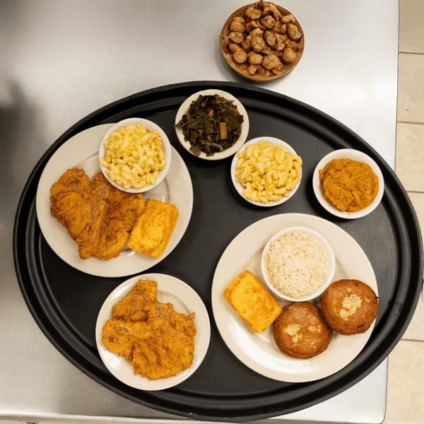 A black tray with multiple plates of Jake's Soulfood Cafe's fried pork chops, mac and cheese, rice, and collard greens.