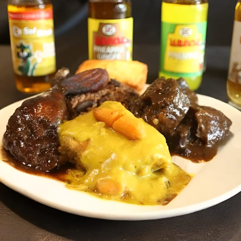 A plate of Jake's Soulfood Cafe's soul food, including chicken, beef, and cornbread.