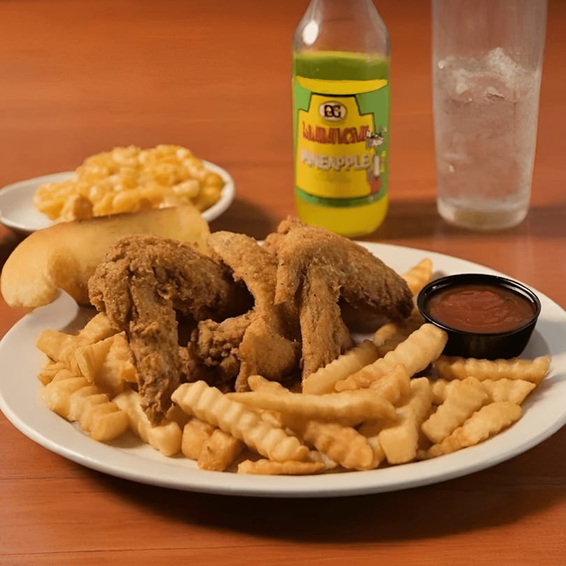 Jake's Soulfood Cafe fried chicken wings, crinkle-cut fries, macaroni and cheese, and pineapple soda.