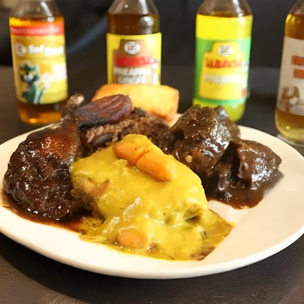 A plate of Jake's Soulfood Cafe's soul food with chicken, rice, and beef, with drinks in the background.
