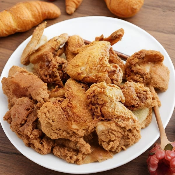 A white plate piled high with crispy, golden-brown fried chicken pieces from Jake's Soulfood Cafe.