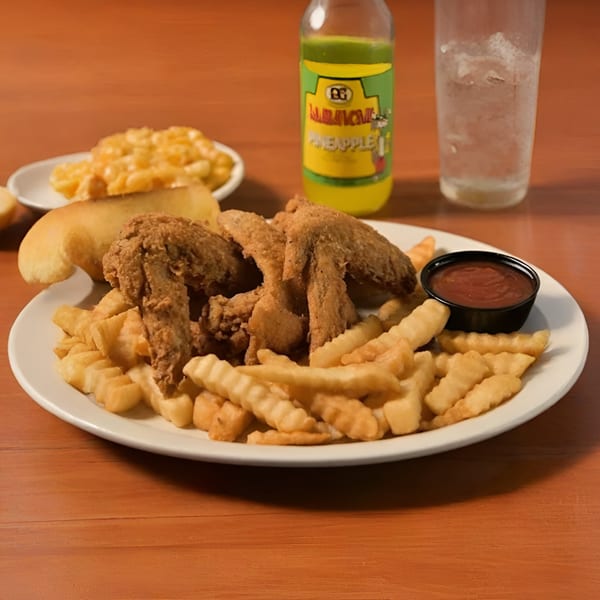 Jake's Soulfood Cafe Hoover's fried chicken and crinkle-cut fries with a side of ketchup, corn, and a roll.